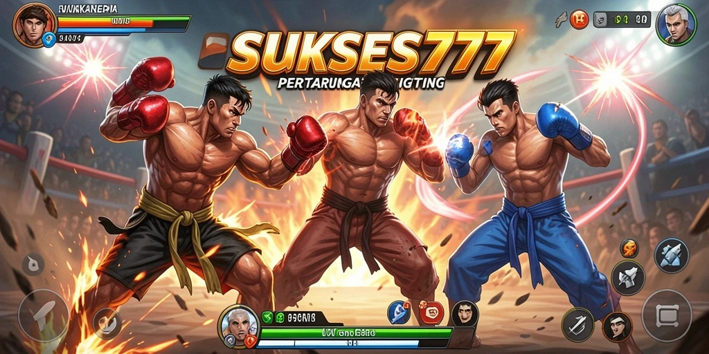 Screenshot utama dari SUKSES777 menampilkan pertarungan seru antara dua karakter.