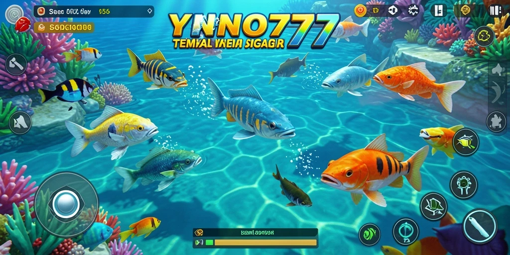 Screenshot utama YONO777 menampilkan aksi menangkap ikan yang seru.